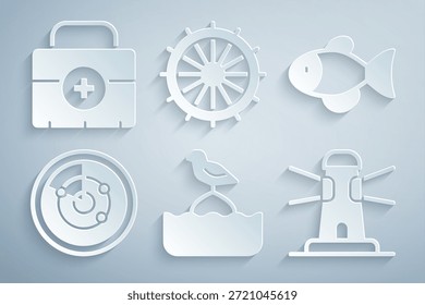 Set Seagull sitzt auf einer Boje, Fisch, Radar mit Zielen, Leuchtturm, Schiff Lenkrad und Erste Hilfe Kit Symbol. Vektorgrafik