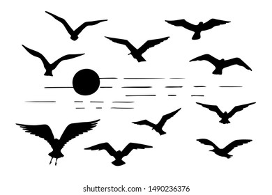   Set of seagulls silhouettes black flying birds and sun silhouette isolated on white background