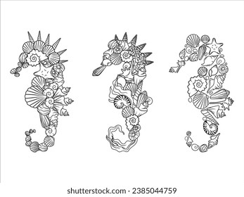 Set of seahorse made of seashells. Collection of decorative sea creatures. Underwater world.  Ocean dweller. Hand drawing. Tattoo. Vector illustration on stylized fish on white background.