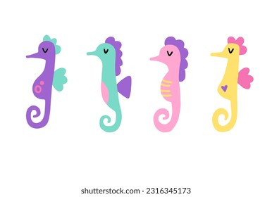 Se establece con caballitos de mar de diferentes formas. Personajes planos de dibujos animados. Ilustración portadora infantil naive sobre fondo blanco. 