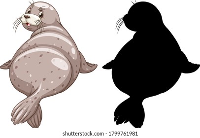 Set of seal characters and its silhouette on white background illustration
