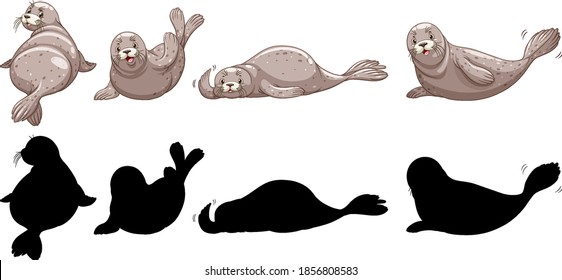 Set of seal characters and its silhouette on white background illustration