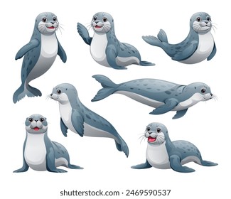 Set of seal in different poses. Vector cartoon illustration