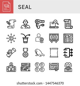 Set of seal icons such as Degree, Parchment, Defendant, Hair dryer, Quality, Certificate, Pound, Beer pong, Reward, Information, Diploma, Official, Walrus, Paper scroll , seal