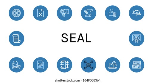 Conjunto de iconos de sellado. Como lámpara de cirugía, prescripción, secador de pelo, pergamino, recompensa, pruebas con animales, vendedor, grado, calidad del aire, libra, calidad, tierra de caucho, certificado , iconos de sellado