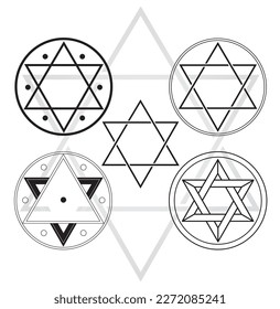 Set of Seal of Solomon Icons Illustration Star in Circle Symbol Alchemy Sacred Geometry Black and White