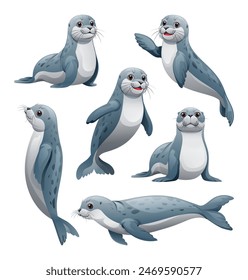 Set of seal in various poses. Vector cartoon illustration