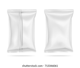 Set of sealed food snack pillow bags on white background. Realictic vector illustration. Can be use for template your design, promo, adv.