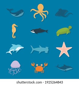 set of sealife icons on a blue background vector illustration design