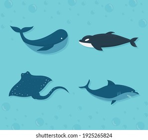 set of sealife icons on a water background vector illustration design