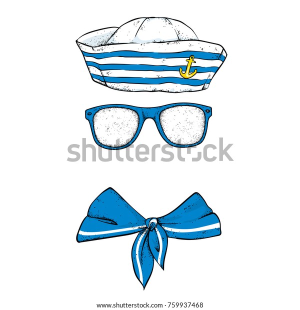 船乗りの服 ベクターイラスト 服とアクセサリー 帽子を被った船員 眼鏡 ネクタイ のベクター画像素材 ロイヤリティフリー
