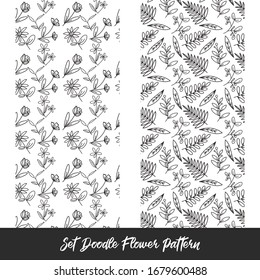 Set of Seamles pattern of hand-drawn floral elements doodle. black and white color. wallpaper bundle