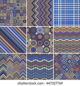 Set of seamless abstract background, 9 geometric pattern, vector illustration. Blue, beige colors. Texture can be used for printing onto fabric and paper 