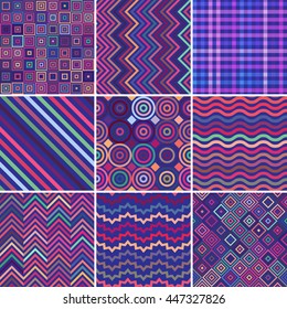 Set of seamless abstract background, 9 geometric pattern, vector illustration. Pink, blue, purple colors. Texture can be used for printing onto fabric and paper 