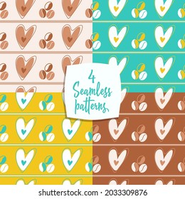 A set of seamless abstract backgrounds with coffee and hearts.