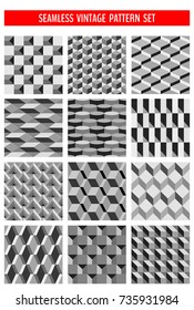 Set of seamless abstract black and white geometrical patterns made in vintage 70s style. Vector illustration for your graphic design.