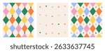 Set of seamless abstract colorful geometric pattern of multicolored rhombuses with small circles, confetti on light background, harlequin motifs, circus pattern, hand drawn illustration, flat style