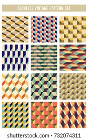 Set of seamless abstract colorful geometrical patterns made in vintage 70s style. 
Vector illustration for your graphic design.