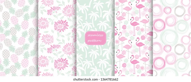 Set of Seamless abstract colorful patterns with tropical design. Vintage summer background. Hand drawn pictures. Seamless floral patterns in pastel colors. 