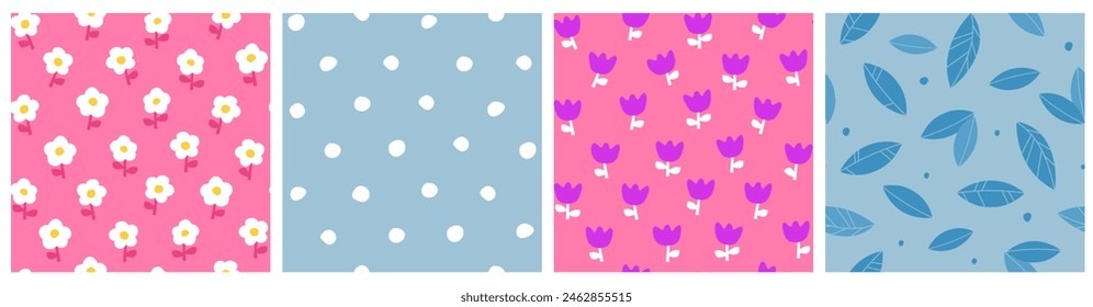 Set of seamless abstract floral patterns. Summer simple print. Vector graphics.