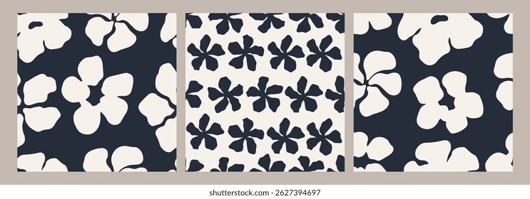 Conjunto de patrones florales abstractos sin costuras en azul marino y crema. Colección de diseño botánico moderno para tela, papel de embalaje, Fondo de pantalla, impresiones textiles, fondos y decoración de superficies.
