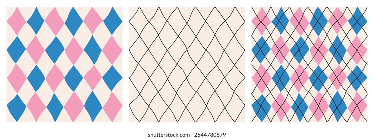 Conjunto de padrão geométrico abstrato sem costura de losangos rosa e azul em uma linha, com linhas diagonais pretas em um fundo claro, ilustração desenhada à mão, estilo plano