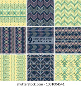 Set of seamless abstract geometric patterns. Yellow, blue, pink colors. Ethnic motifs