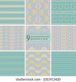 Set of seamless abstract geometric patterns in pastel colors. Cute uncomplicated vector prints collection