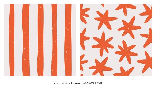 Set of seamless abstract geometric patterns of red stripes and stars on a light background with chalk texture; circus pattern, simple hand-drawn vector illustration, flat style