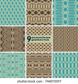 Set of seamless abstract geometric patterns. Openwork and wicker lattices in elegant color palette. Collection of vector prints for fabric, paper and other