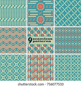 Set of seamless abstract geometric patterns. Pleasant retro color palette. Collection of vector prints for fabric, paper and other