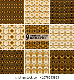 Set of seamless abstract geometric tribal patterns. Black, orange, brown colors. Ethnic motifs