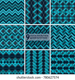 Set of seamless abstract geometric zigzag patterns in blue color palette with white stitching. Collection of nice textile vector prints