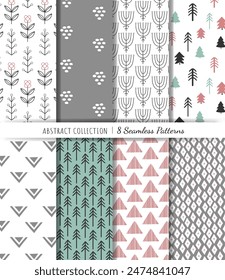 Set of seamless abstract hand drawn patterns. Trendy modern shape doodle backgrounds