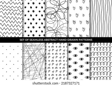 Set of seamless abstract hand-drawn patterns. Vector modern creative backgrounds
