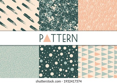 Set of seamless abstract ink patterns. Abstract design of surfaces from dots, stripes, spots. Vector illustration.