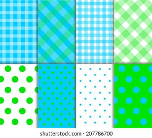 Set of seamless abstract jumbo and small polka dot pattern, checkered textile with lines, and diagonal stripes in grass green, light aqua blue and white color. Vector art image illustration background