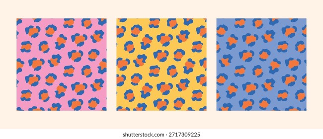 Conjunto de patrones abstractos de impresión de leopardo sin costuras en una paleta de colores pastel vibrante. Diseños de superficie modernos y juguetones para textiles, empaques, carteles, papelería, Sitios web y proyectos de marca.