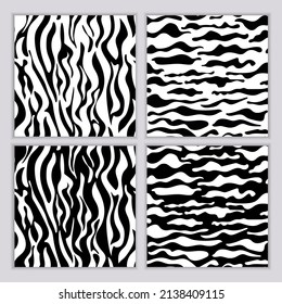 A set of seamless abstract monochrome patterns. Black and white print with wavy lines, dots and spots. Brush strokes are hand-drawn. Vector texture.