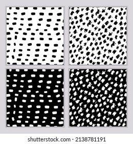 Eine Reihe nahtloser abstrakter monochromer Muster. Schwarz-Weiß-Druck mit gewellten Linien, Punkten und Flecken. Pinselstriche werden handgezeichnet. Vektorstruktur