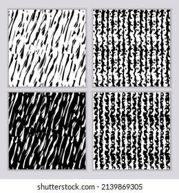 Un conjunto de patrones monocromáticos abstractos sin fisuras. Impresión en blanco y negro con líneas onduladas, puntos y puntos. Los golpes de pincel son dibujados a mano. Textura vectorial