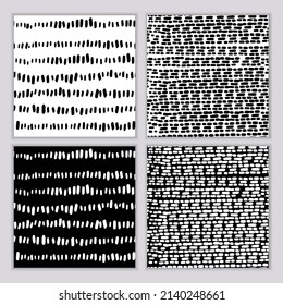 A set of seamless abstract monochrome patterns. Black and white print with wavy lines, dots and spots. Brush strokes are hand-drawn. Vector texture