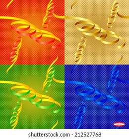 set of seamless abstract multicolored floral pattern colored texture on dark background with colored streamer vector