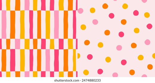 Set of seamless abstract multicolored polka dot and vertical stripes pattern on light background, hand drawn illustration, flat style