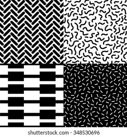 Set of seamless abstract pattern in retro memphis style. Black and White vector illustration.