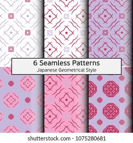 Set of seamless abstract patterns in Asian style. Japanese traditional ornament. Graceful lines and signs. Vector color background.