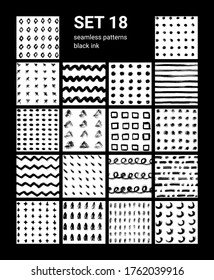 Set seamless abstract patterns set with circles, dots, rhombuses, stripes, triangles, squares, spirals, lines. Hand drawn textures made with ink. Spot, splash, scribble, stroke