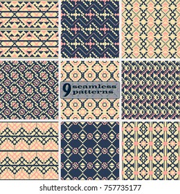 Set of seamless abstract patterns with ethnic motifs. Folk style geometric vector prints in retro color palette for fabric, paper and other