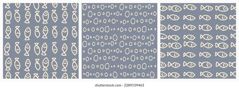 Set of seamless abstract patterns with fishes and circles. Organic background. Hand drawn various shapes and doodle objects. Abstract contemporary modern trendy vector illustration. Stamp texture