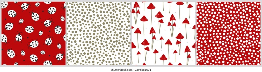 Set of seamless abstract patterns with ladybugs, fly agaric mushrooms, chaotic dots. Vector graphics.